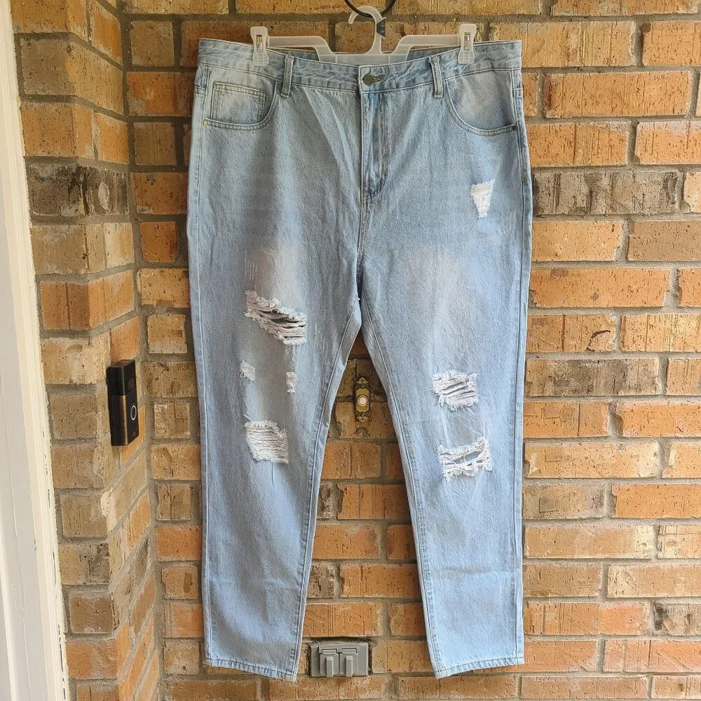 Mens Distressed Jeans Slim Fit High Rise Light Blue Size 40
